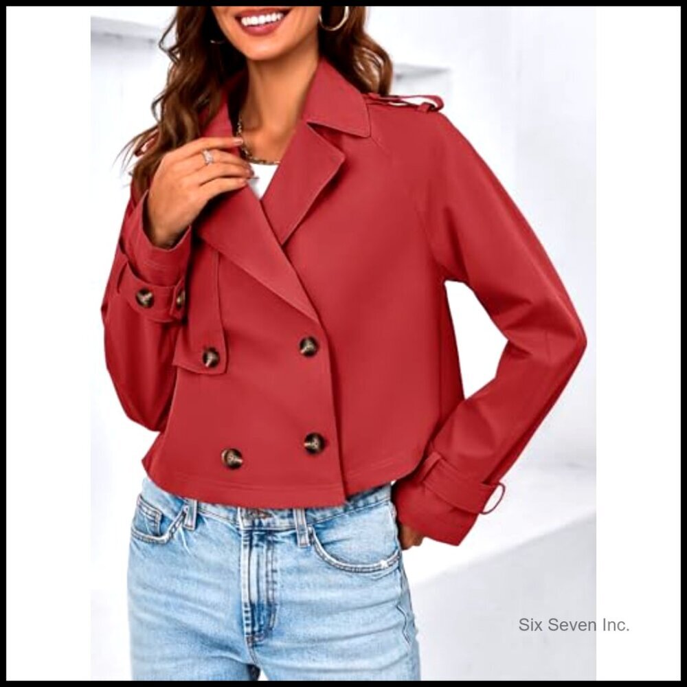 Cropped Trench Coat Double Breasted Lapel Casual Jacket Lightweight Vintage - Picture 4 of 7
